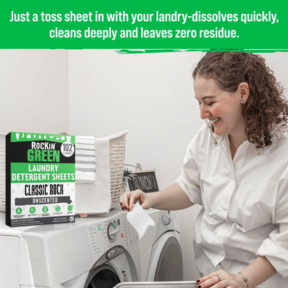 Rockin' Green Travel Laundry Detergent Sheets Unscented - Mess-Free Laundry Sheets Detergent Powerful Cleaning with Sodium Bicarbonate - Easily Dissolvable Laundry Soap Sheet (102 Loads, Unscented)
