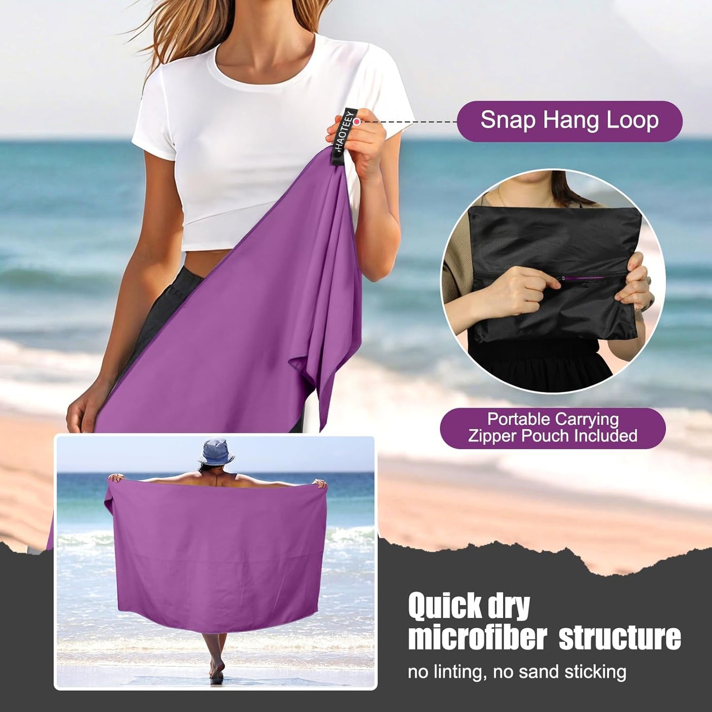 Quick Dry Travel Towel, 3 Sizes 1 Pack Camping Microfiber Towel, Lightweight Fast Drying Towels Set 60"x30", 30"x15", 15"x15" w/Bag for Gym, Beach, Hiking, Swimming, Purple