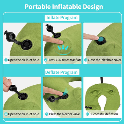Inflatable Travel Neck Pillow for Airplane, Head Support Velvet Adult Neck Pillow for Long Flight, Kit with Eye Mask, Earplugs and Storage Bag,1, Green
