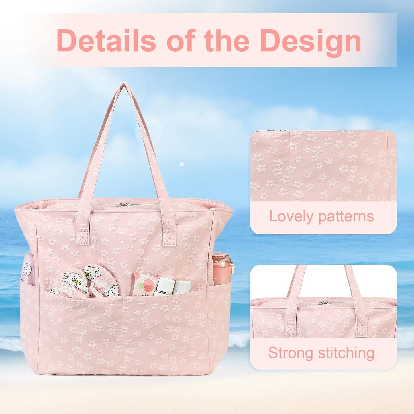 LEDAOU Large Beach Tote Bag Women Waterproof Sandproof Zipper Beach Tote Bag for Pool Gym Grocery Travel with Wet Pocket