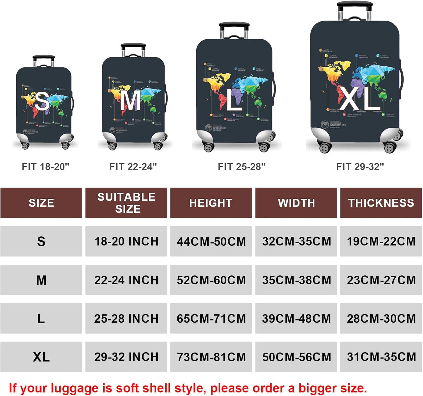 WUJIAONIAO Travel Luggage Cover Baggage Suitcase Cover Protector Skins 18-32 Inch (map, XL (for 29-32 inch luggage))