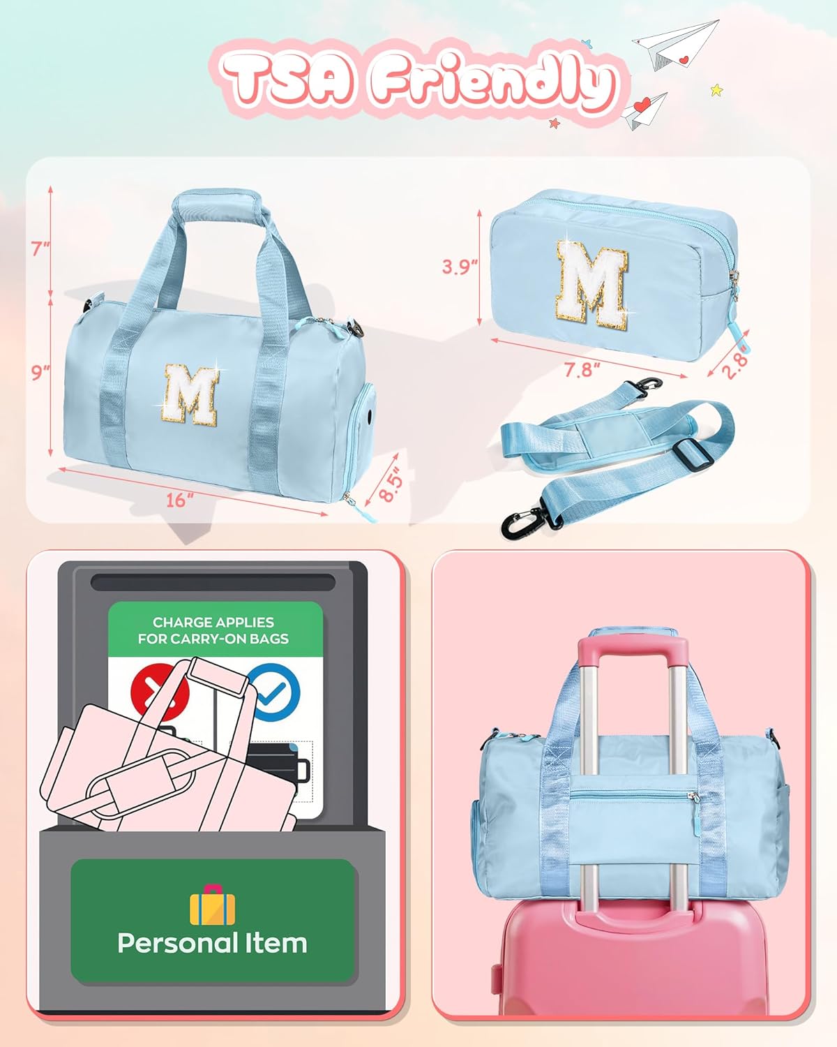 Presents For Girls-Girl Gym Bag with Shoe Compartment, Kid Personalized Weekender Overnight Bags, Initial Travel Tote with Makeup Pouch, Graduation Gift for Girls (Letter Y)