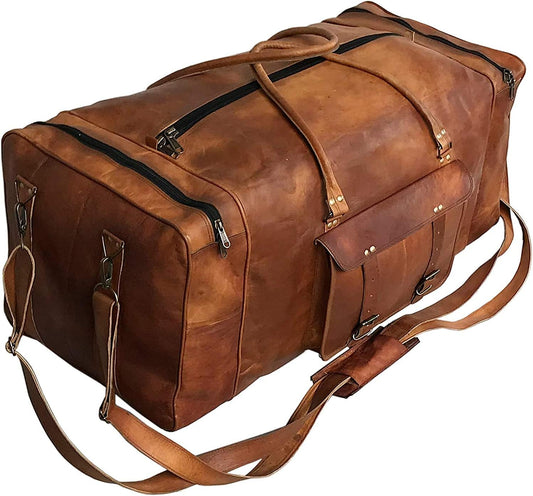 Leather Duffle Bag for Men Luggage Handmade Travel Bag Carry On Luggage Weekender Bags Overnight Gym Sports Cabin Holdall Bag For Airplanes Men And Women (28 Inch Brown)