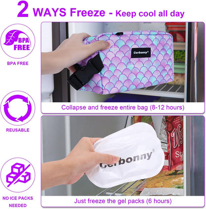 Cerbonny Freezable Cooler Bag for Work/School/Travel - Kids/Adult Size, Fit Snacks & Yogurt - Purple Fish Design