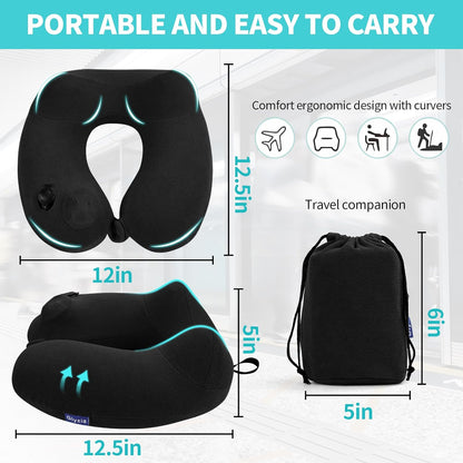 2 Pack Inflatable Travel Neck Pillows for Airplanes, Head Support Velvet Adult Neck Pillows for Long Flight, Kit with Eye Mask, Earplugs and Storage Bag, 2, Black