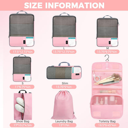 BAGAIL 4/6 Set/8 Set Compression Packing Cubes Travel Accessories Expandable Packing Organizers(HalfMesh, 8-Pink)