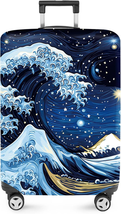 ANNA QUEEN Starry Ocean Wave Luggage Cover, Suitcase Protector with Artistic Van Gogh Style, Stretchable, Washable Travel Cover for 20-22 Inch Luggage