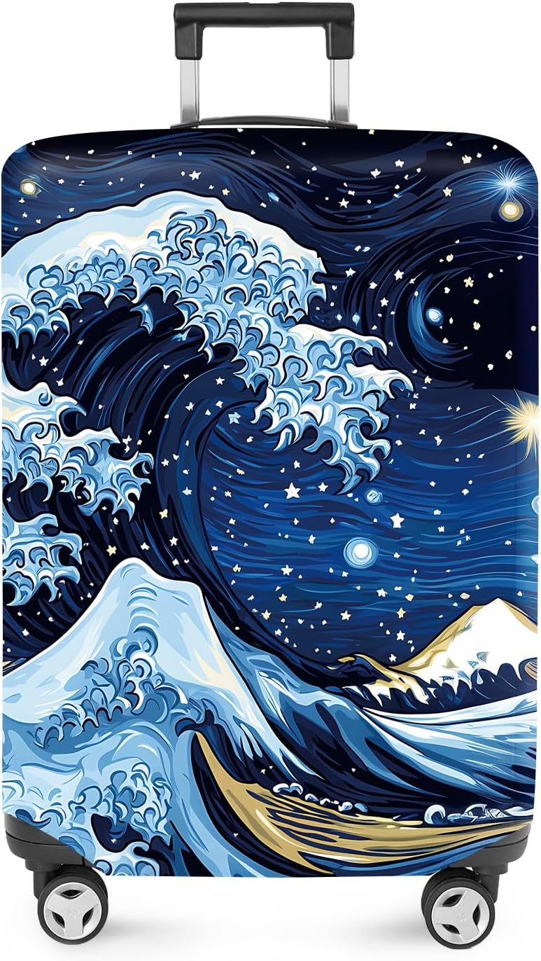 ANNA QUEEN Starry Ocean Wave Luggage Cover, Suitcase Protector with Artistic Van Gogh Style, Stretchable, Washable Travel Cover for 24-26 Inch Luggage