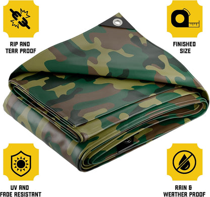 Core Tarps Extreme Heavy Duty 20 Mil Tarp Cover, Waterproof, UV Resistant, Rip and Tear Proof, Poly Tarpaulin with Reinforced Edges for Roof, Camping, Patio, Pool, Boat (Camouflage/Green 10′ X 10′)