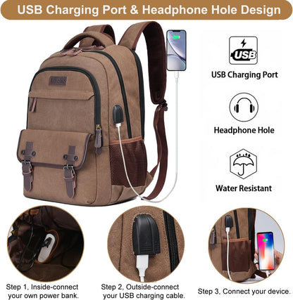 Mactso Canvas Travel Laptop Backpack for Men Women, Business Work Rucksack College Computer Bag Fits 17.3 Inch Notebook,Bookbag with USB Charging Port (Coffee, 17.3 Inch)