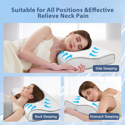 Memory Foam Pillows - Cervical Neck Pillow for Pain Relief, Ergonomic Side Sleeper Pillow for Sleeping, Orthopedic Contour Neck Pillows for Neck and Shoulder Pain with Cooling Pillowcase, Cream