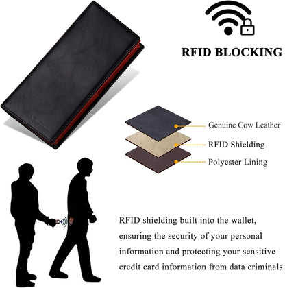VISOUL Mens Leather Long Bifold Checkbook Wallets with RFID Blocking, Contrast Colors Breast Pocket Tall Billfold Secretary Wallet for Men with Card Slots (Black and Burgundy)