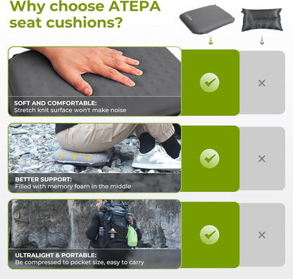 ATEPA Inflatable Stadium Seat Cushion, Self-Inflating Memory Foam Stadium Seats Bleacher Seat Chair Cushion Pad for Airplane Travel Backpacking Sports Events
