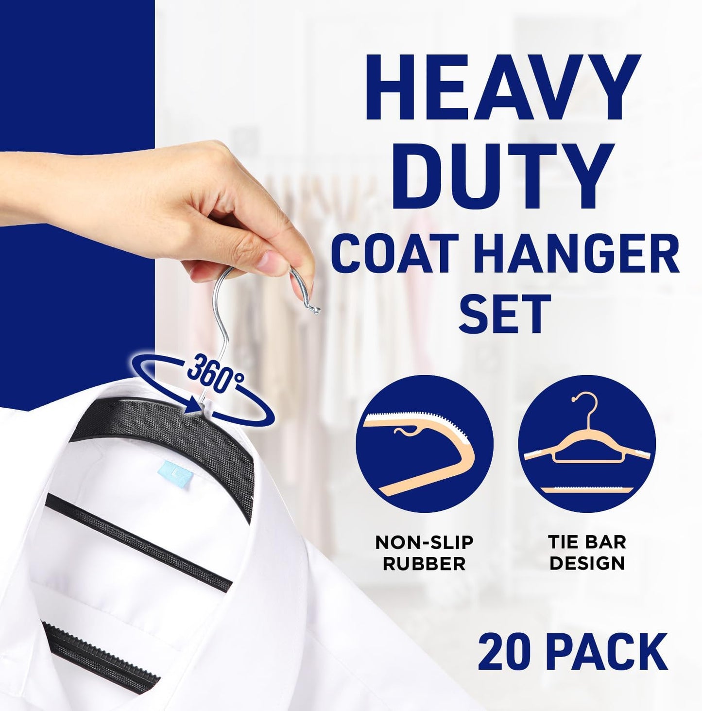 Lifemaster Versatile Clothes Hanger Set - 20 Pieces Space-Saving Dry and Wet Clothes Hanger Set with 360° Swivel Hook and Non-Slip Rubber Design - Black