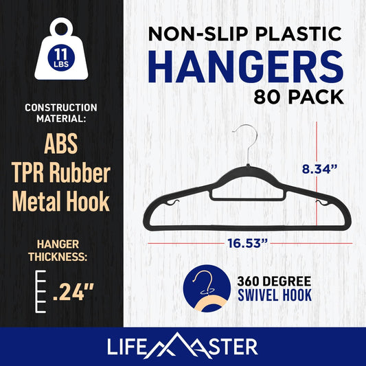 Lifemaster Versatile Clothes Hanger Set - 80 Pieces Space-Saving Dry and Wet Clothes Hanger Set with 360° Swivel Hook and Non-Slip Rubber Design - Black