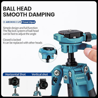 Fotopro Carbon Fiber Tripod 60 Inch 360 Degree Ball Head Quick Release Plate Lightweight Travel Tripod, Max Loads up to 17.6lbs, Blue