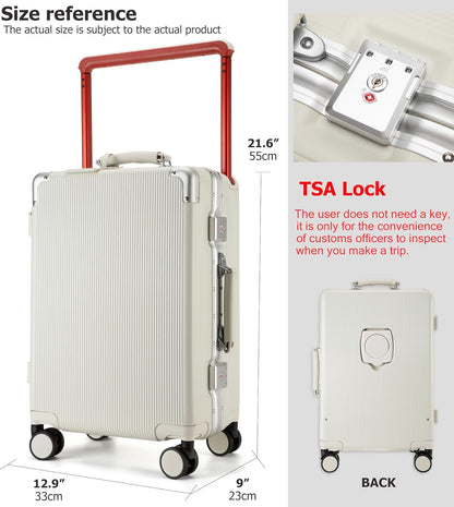 feilario 20'' Aluminum Frame Wide Handle PC Hardside Carry On Luggage - Double Spinner Wheels Luxury Rolling Travel Suitcase with TSA Lock & Cup Holder