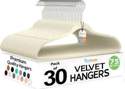 Premium Ivory Velvet Hangers 30 Pack – Space Saving Felt Hanger, Non Slip Clothes Hangers for Closet, Heavy Duty Hanger for Coats, Shirts & Pants, 360° Swivel Hook, Hold Up to 10lbs