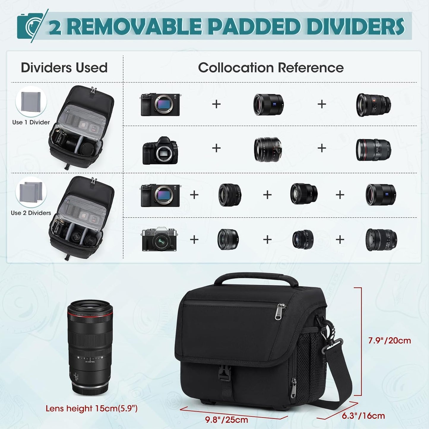 RAINSMORE Camera Bag, DSLR/SLR/Mirrorless Camera Case with Tripod Holder Waterproof Camera Sling Bag Crossbody Camera Bags for Photographers with Rain Cover for Canon/Nikon/Sony/Fuji, Black