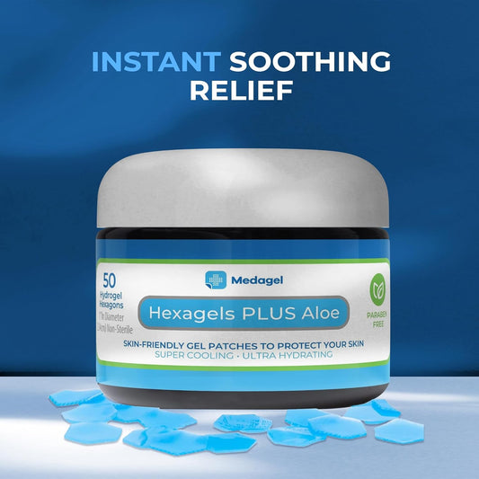 Hexagels Plus Aloe Vera - Advanced Healing Hydrogel Pads for Blister Prevention & Soothing Burn Care - Foot, Heel, Toe, & Ankle Protection, Pack of 50, 1-Inch Patches, by Medagel, Paraben Free Formula