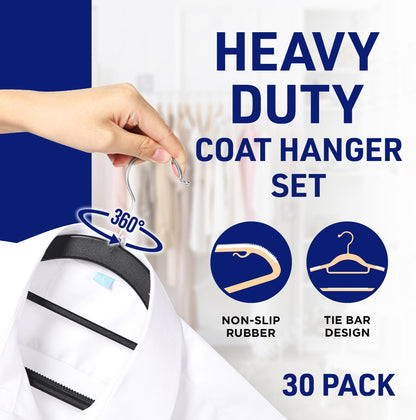 LifeMaster 30 Pcs. Dry Wet Clothes Hangers - Heavy Duty Coat Hanger Set with 360° Swivel Hook (Black) Non-Slip Rubber, Space-Saving, Frustration-Free Hanging, Accessory Tie Bar, Smart Strap Hooks