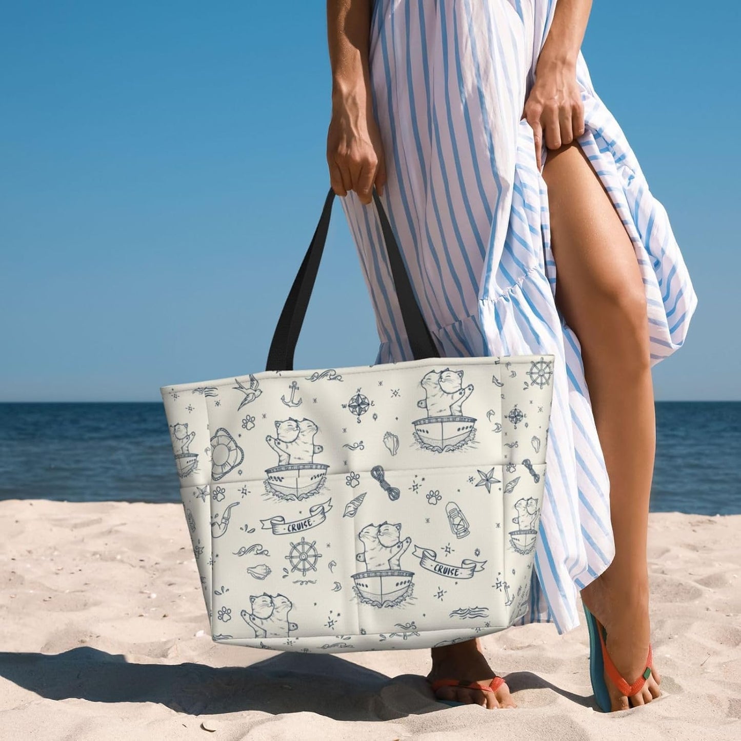 Beach Bag for Women Beach Tote Bag Waterproof Sandproof Large Bags with Zipper Big Capacity for Vacation Travel