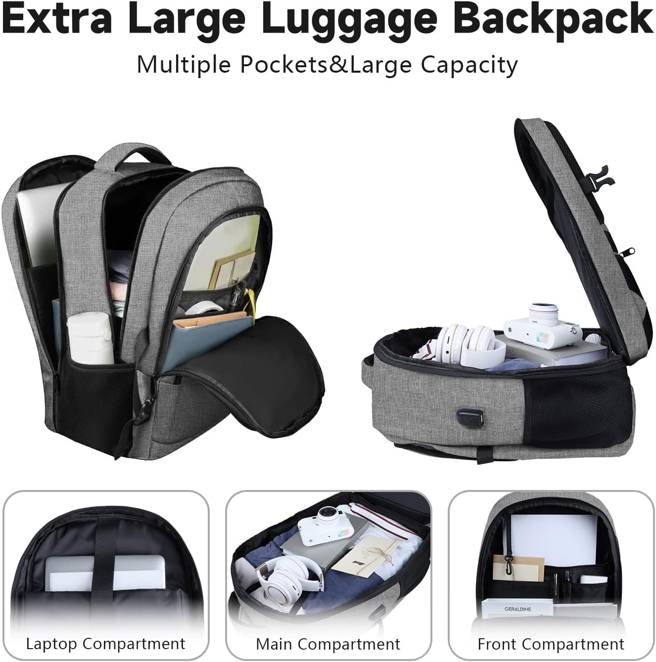 Lapsouno Extra Large Laptop Backpack, 17 Inch Carry on Travel Backpack, Anti-Theft College School Computer Bag with USB Port, Gift for Men Women, Grey
