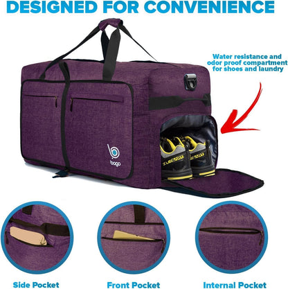 Bago Large Foldable Duffel Bags for Traveling Women & Men - 100L Packable Duffle Bag for Travel with Shoe Compartment - Water Repellant, Heavy Duty, Lightweight Folding & Collapsible (SnowDepPurple)