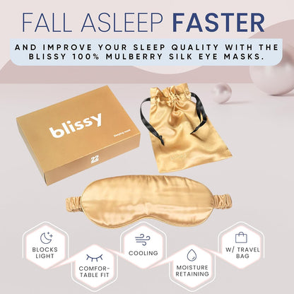 Blissy Silk Sleep Mask - Silk Eye Sleeping Mask for Women & Men for Total Blackout - 100% Pure Mulberry Silk, 22 Momme 6a Fibers - Blindfold Silk Sleep Mask Side Sleeper Eye Cover (Gold)