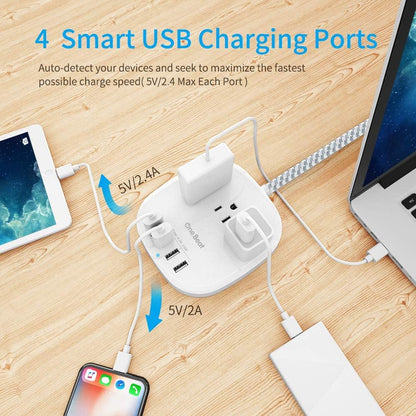 Desktop Power Strip with 3 Outlet 4 USB Ports 4.5A, Flat Plug and 10 ft Long Braided Extension Cords for Cruise Ship Travel Home Office, ETL Listed