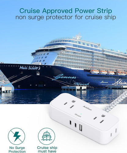 Travel Essentials, 6 Ft Power Strip with 4 Outlets and 3 USB Ports(2 USB C), Addtam Flat Plug Small Extension Cord,Non Surge Protector for Cruise Ship, Travel, Dorm Room Essentials, ETL Listed, White