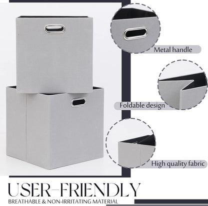 Cube Storage Bins 13×13 Polyester Foldable Box with Handles, Collapsible Organization Basket Set of 4 Large Capacity Drawer for Closet Shelf Cabinet Bookcase Bedroom, Light Gray