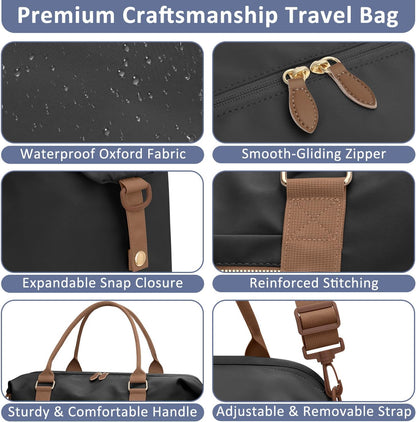 Travel Duffle Bag for Women, Weekender Bags, Hospital Bag for Labor Delivery, Lightweight Tote Duffel Overnight Bag with Luggage Sleeve, Airplane Travel Bags with Toiletry Bag, Large, Black