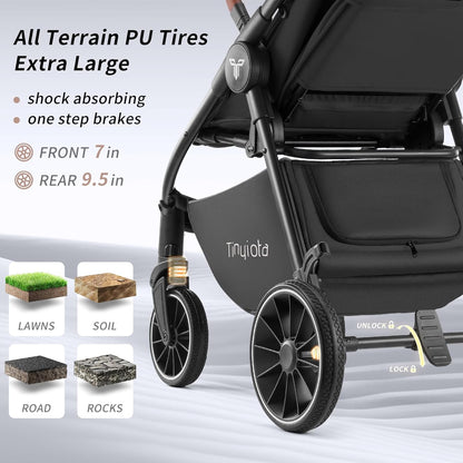 Tinyiota Baby Stroller, Infant Stroller with Large UPF 50+ Canopy,Luxury Pram Strollers with Leather Handle & Spacious Seat, One-Hand Foldable Pushchair, Toddler Carriage with Lie-Flat Mode(Black)