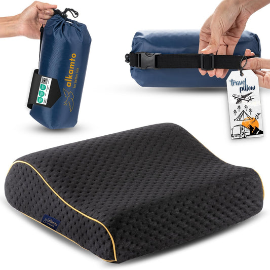 Travel & Camping Comfortable Memory Foam Pillow – Easy to Carry Portable Bag – Temperature Regulating Pillow Case (Black Contour)