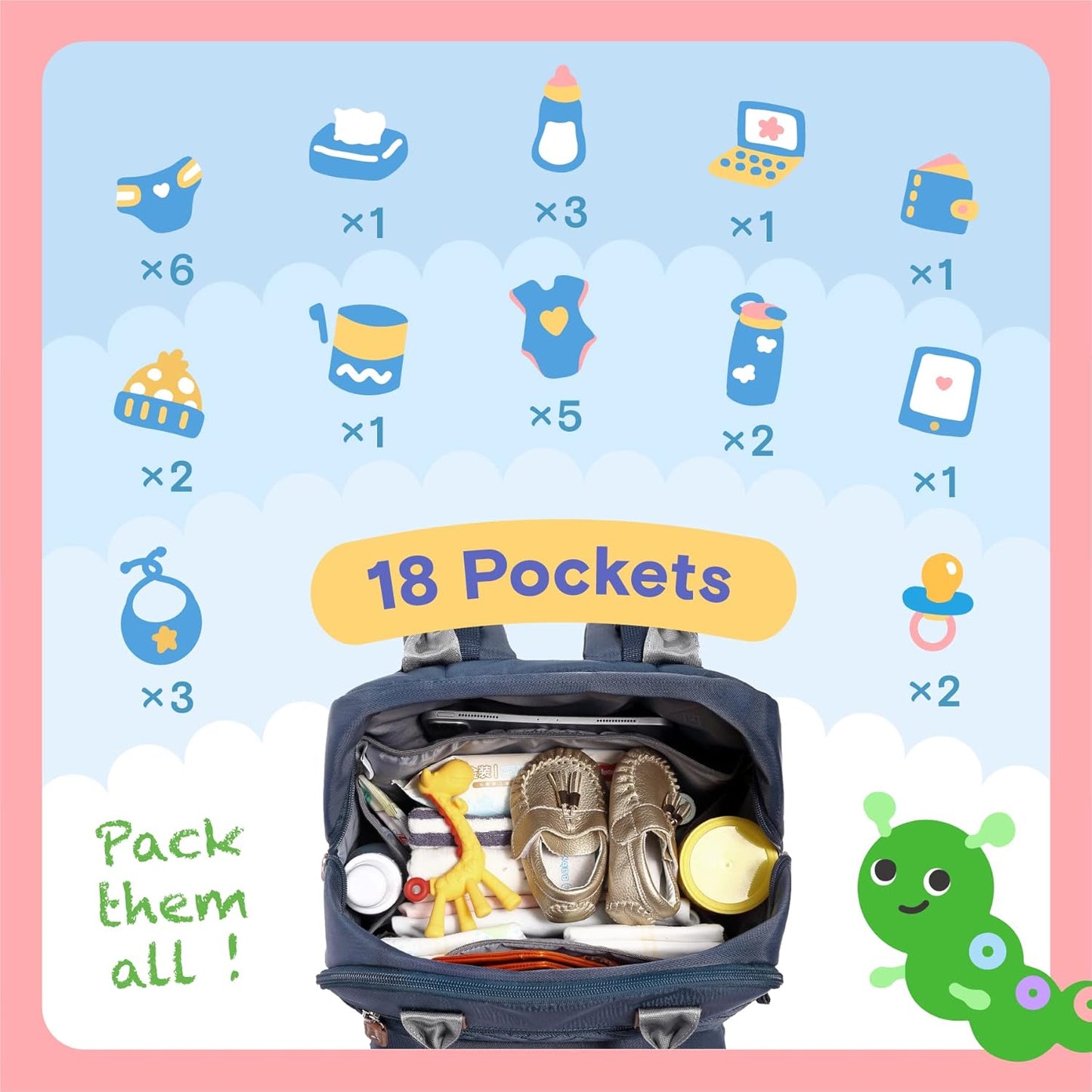 iniuniu Diaper Bag Backpack, 4 in 1 kit Large Unisex Baby Bags for Boys Girls, Waterproof Travel Back Pack with Diaper Pouch