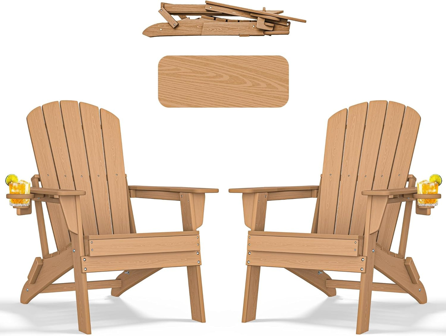 Folding Adirondack Chair - Extended Ergonomic Backrest, Cup Holder - Easy Assembly - Durable HDPE Plastic, Weather Resistant & Maintenance-Free - Lawn, Patio, Deck Supports 380lbs Teak