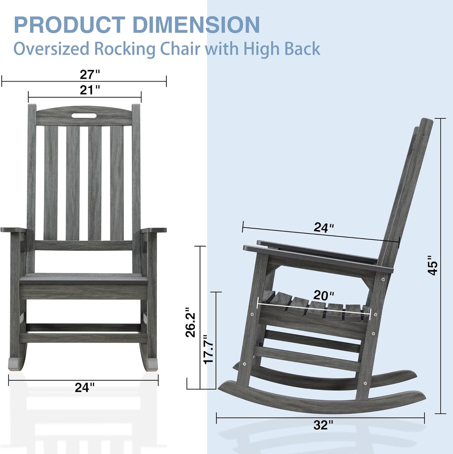 Psilvam Outdoor Rocking Chair Set of 2, Poly Lumber Oversized Rocking Chair with 21" Wide Seat and 32" Tall Backrest, Pre-Assembled with Most Components for Effortless Installation(Dark Gray)