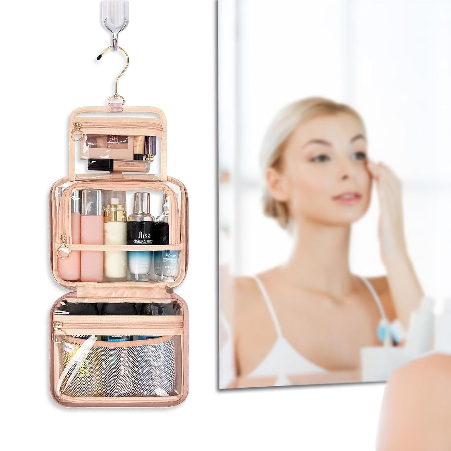 CUBETASTIC Clear Makeup Bag for Women, Transparent Cosmetic Organizer Case for Travelling, Hanging Toiletry Bag for Travel Essentials 3 Comparment Skincare Pouch with Potable Handle