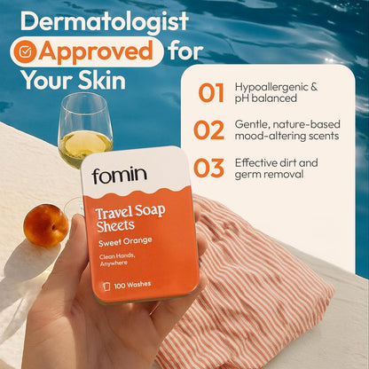 FOMIN - Antibacterial Paper Soap Sheets Tin for Traveling - (300 Sheets) Orange - Portable Travel Hand Soap Sheets, Dissolvable Mini Camping Hand Soap for Hand Washing