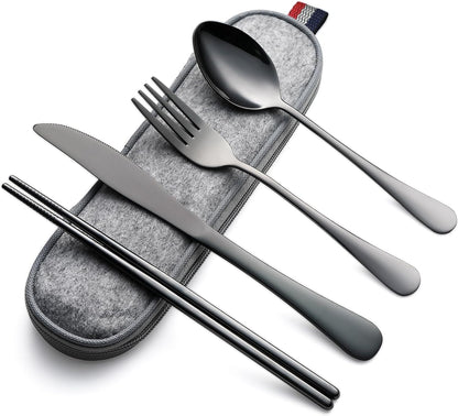 DEVICO Camping Utensils, Portable Travel Utensils with Case, Stainless Steel Reusable Silverware for Lunch Adult, 5Pcs Cutlery Set Includes Knife Spoon Fork Chopsticks and Case (Black)