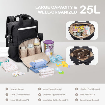 VONAL Diaper Bag Backpack, Lightweight Baby Diaper Bags, Travel Large Diaper Bag with Changing Station, Black Diaper Backpack for Boys Girls Newborn with Insulated Pockets, Stroller Straps