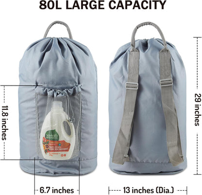 Backpack Laundry Bag, Large Laundry Backpack with Detergent Holder and Adjustable Shoulder Straps for College Travel Dorm Room (Gray)