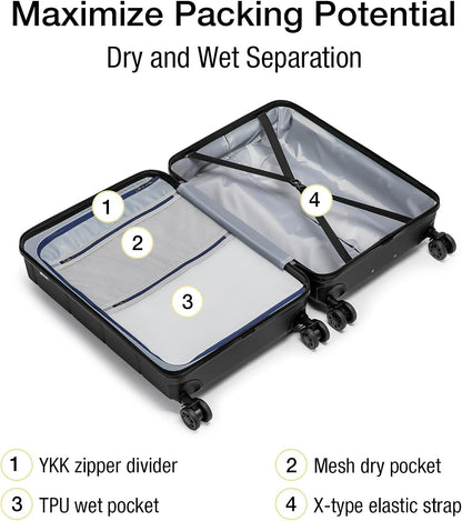 KYME Hardside Carry On Luggage 22x14x9 Airline Approved with TSA Lock Hardshell Carry On Suitcase with Spinner Wheels Travel Rolling 22 Inch Luggage with Cup Holder for Men Women Black