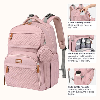 BabbleRoo Diaper Bag Backpack, Travel Backpack with Changing Pad, Pacifier Case & Stroller Straps, Multifunction, Waterproof, Unisex – Pink