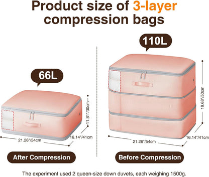 4 Pack Compression Storage Bags - 110L Large Capacity Comforter Storage Bag, 3-Layer Washable Ultra Space Saving Self Compression Organizer Space Bags for Blankets, Sweaters, Sheets, Pink