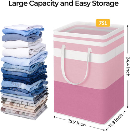 HomeHacks 2 Pack Large Laundry Baskets, Waterproof, Freestanding Laundry Hampers, Collapsible Clothes Hamper with Reinforced Handles in Laundry, College Dorm, Bathroom, Bedroom (Pink, 75Lx2)