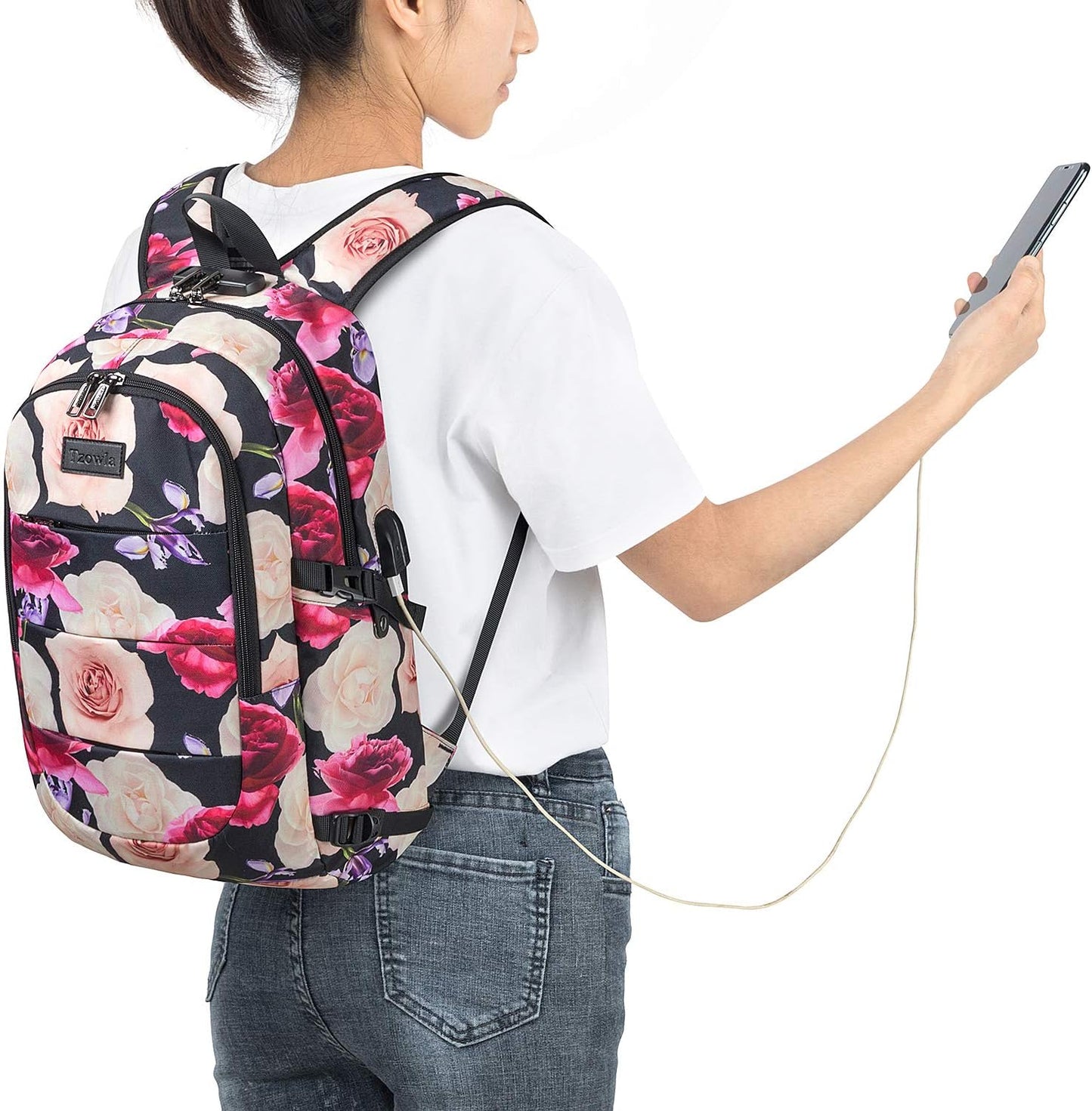 Tzowla Business Laptop Backpack Water Resistant Anti-Theft with USB Charging Port and Lock 15.6 Inch Computer Backpacks for Men, Women, Casual Hiking Travel Daypack (Flower)
