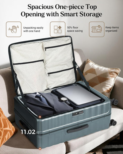 Checked Luggage, 28 Inch Luggage with Spinner Wheels, Large Suitcase with Lightweight PC Hard Shell, Aluminum Frame, Top Opening, YKK Zipper, TSA Lock (Dark Green, 1PC)