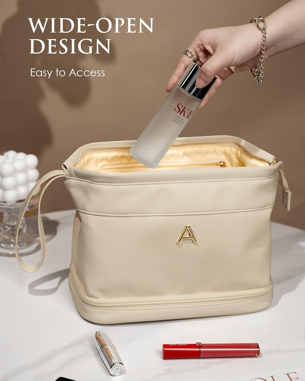 Women Gifts, Initial Large Makeup Bag, Travel Essentials, Personalized Double Layer Cosmetic Bag with Makeup Brush Organizer, Travel Toiletry Bag, Trendy Gifts For Women